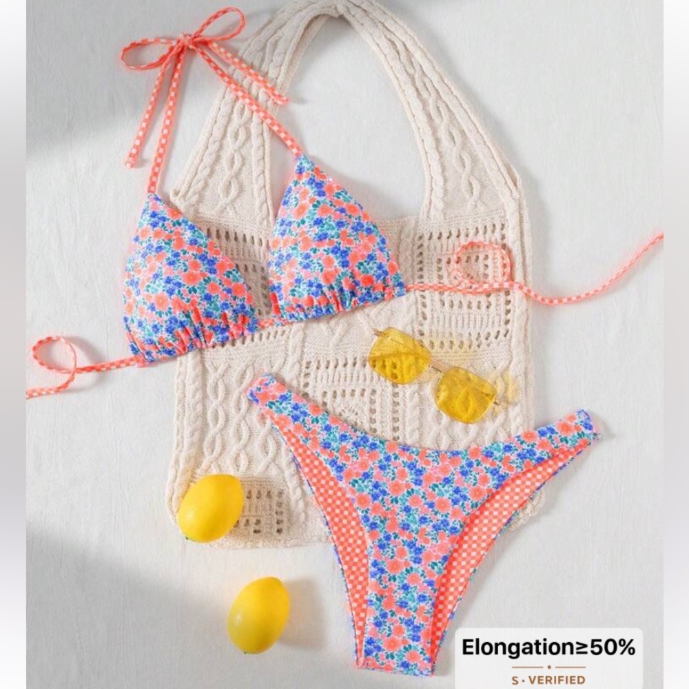 SHEIN reversible orange and blue Floral Bikini NWT